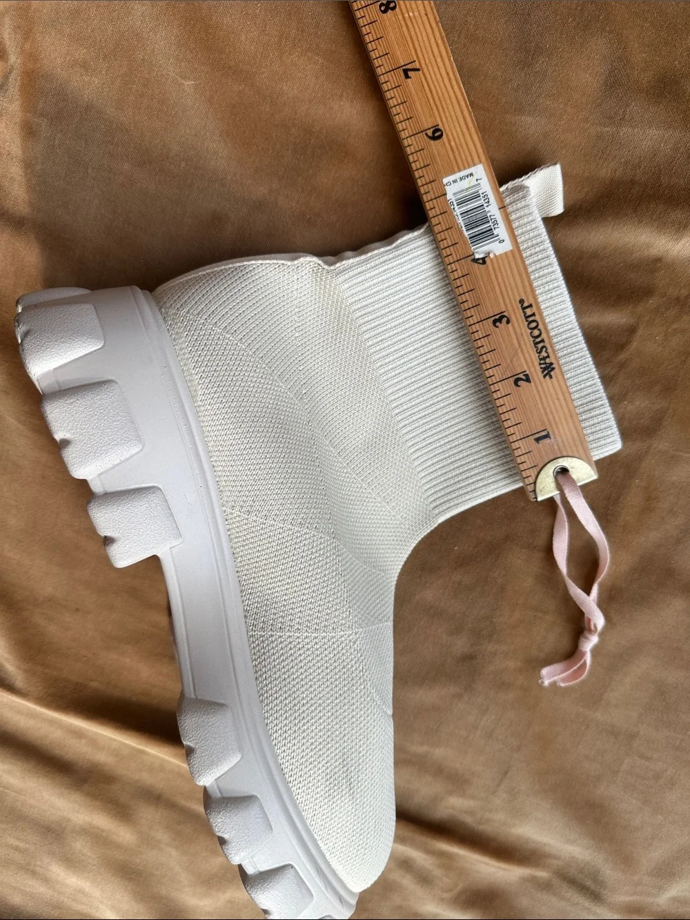Cream White Canvas Stretchy chunky booties near 2” heel Trendy Stylish boots